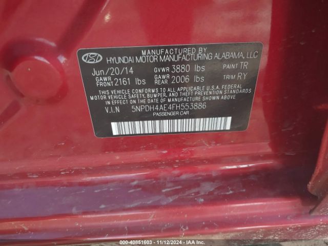 5NPDH4AE4FH553886 Hyundai ELANTRA SE
