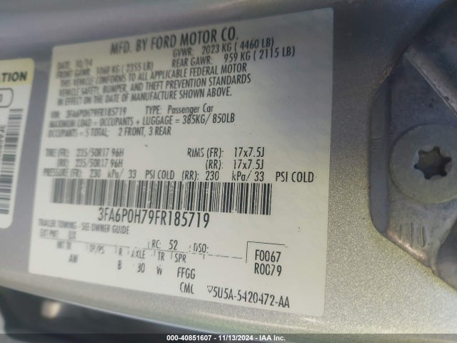 Ford FUSION SE 2015 3FA6P0H79FR185719 Image 9