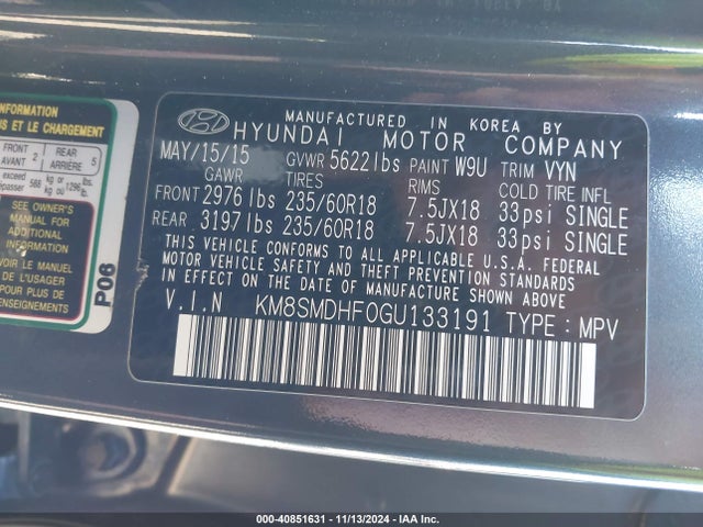 KM8SMDHF0GU133191 Hyundai Santa Fe Se