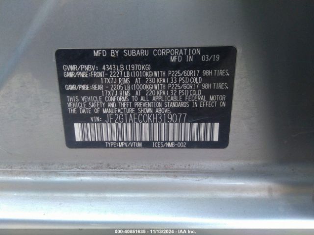 JF2GTAEC0KH319077 Subaru Crosstrek 2.0i Premium
