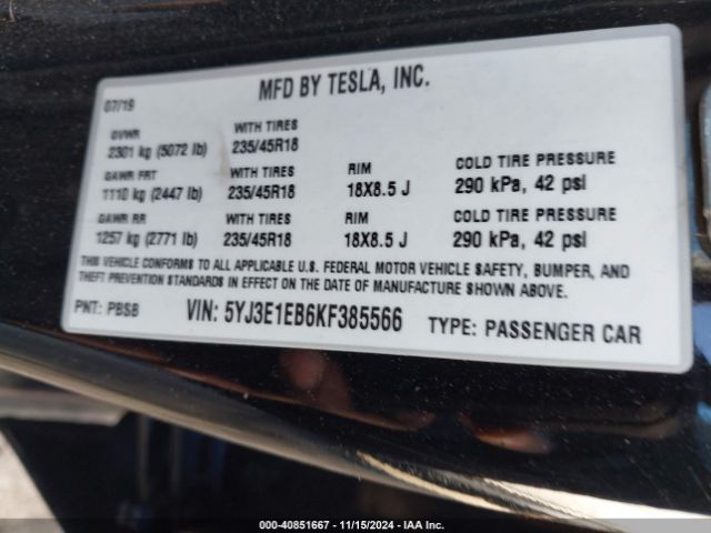 5YJ3E1EB6KF385566 Tesla Model 3 Long Range/performance