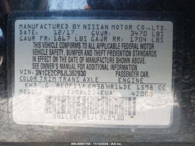 3N1CE2CP8JL362930 Nissan Versa Note Sv