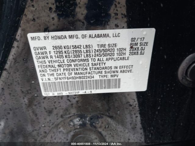 5FNYF6H93HB022434 Honda Pilot Touring