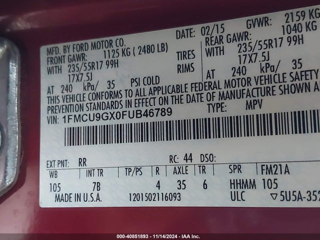 Ford ESCAPE SE 2015 1FMCU9GX0FUB46789 Image 9
