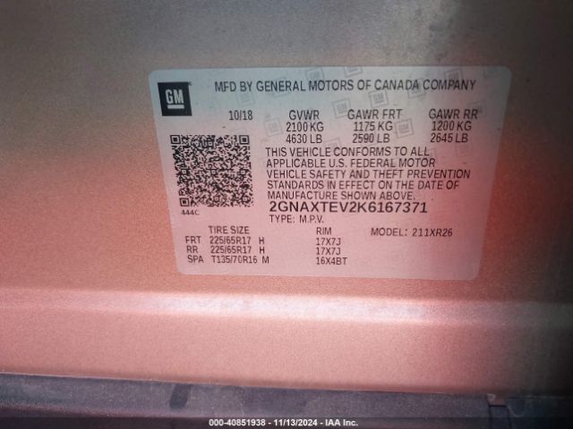2GNAXTEV2K6167371 Chevrolet EQUINOX LT