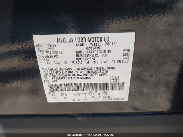 Ford Explorer Limited 2016 1FM5K7FH1GGD26084 Image 9