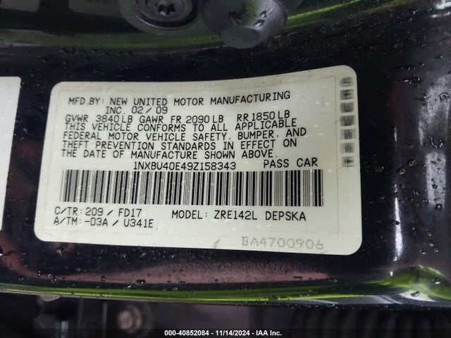 Auction sale of the 2009 Toyota Corolla S, vin: 1NXBU40E49Z158343, lot number: 40852084