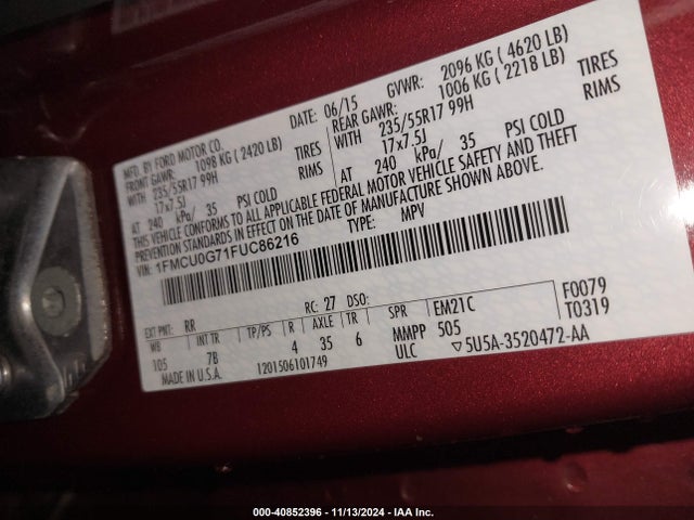 Ford ESCAPE SE 2015 1FMCU0G71FUC86216 Image 9