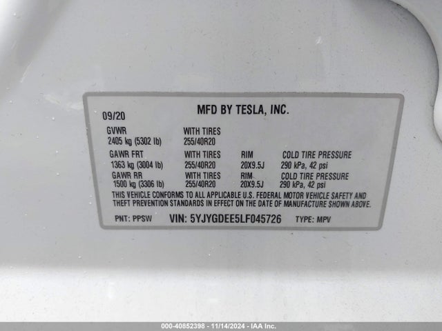 2020 TESLA MODEL Y 5YJYGDEE5LF045726 Photo 8