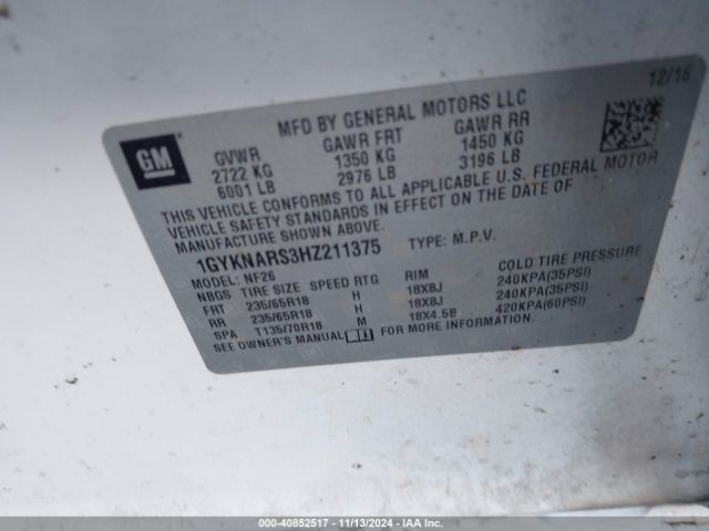 1GYKNARS3HZ211375 Cadillac Xt5 Standard