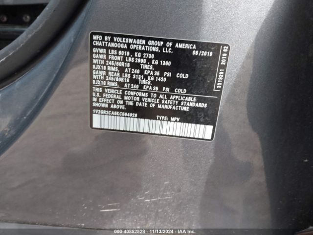 1V2GR2CA5KC594928 Volkswagen Atlas 3.6l V6 S