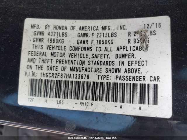 1HGCR2F87HA133678 Honda Accord Ex-l