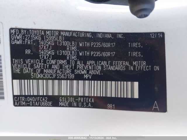 5TDKK3DC3FS563199 Toyota Sienna Le 8 Passenger