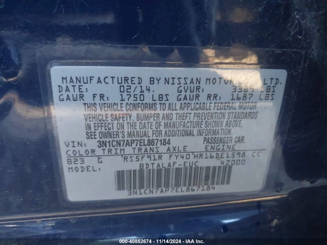 Nissan Versa 1.6 S 2014 3N1CN7AP7EL867184 Image 9