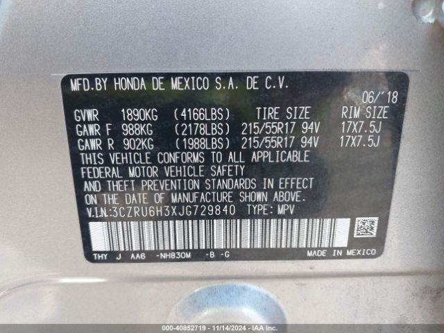 3CZRU6H3XJG729840 Honda HR-V LX