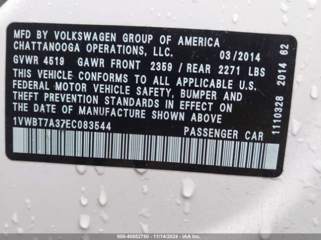 1VWBT7A37EC083544 Volkswagen Passat 1.8t Se