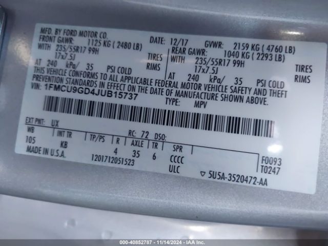 1FMCU9GD4JUB15737 Ford ESCAPE SE