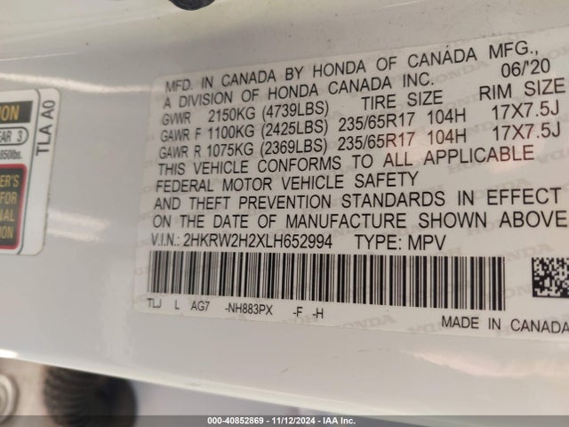 Honda Cr-v Awd Lx 2020 2HKRW2H2XLH652994 Image 9