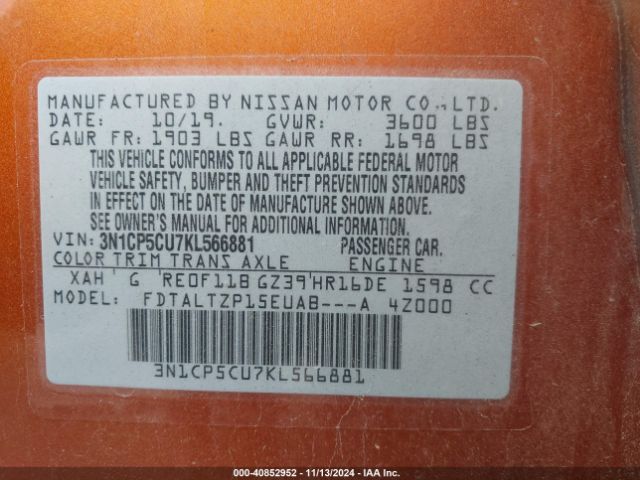 3N1CP5CU7KL566881 Nissan KICKS SR