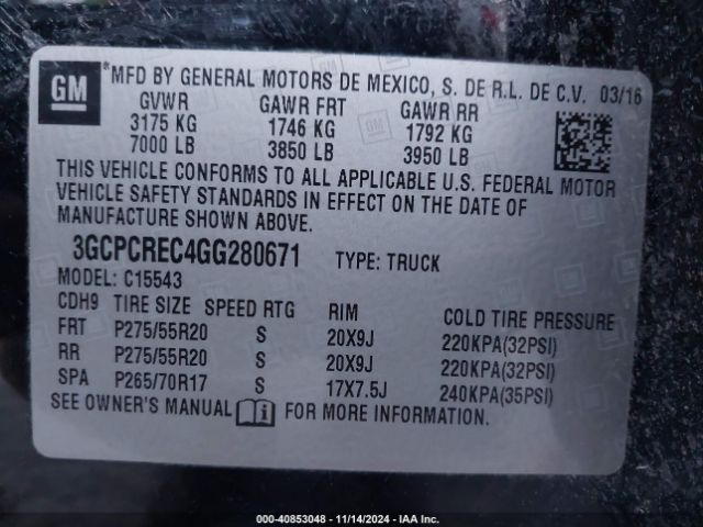 3GCPCREC4GG280671 Chevrolet Silverado 1500 1lt