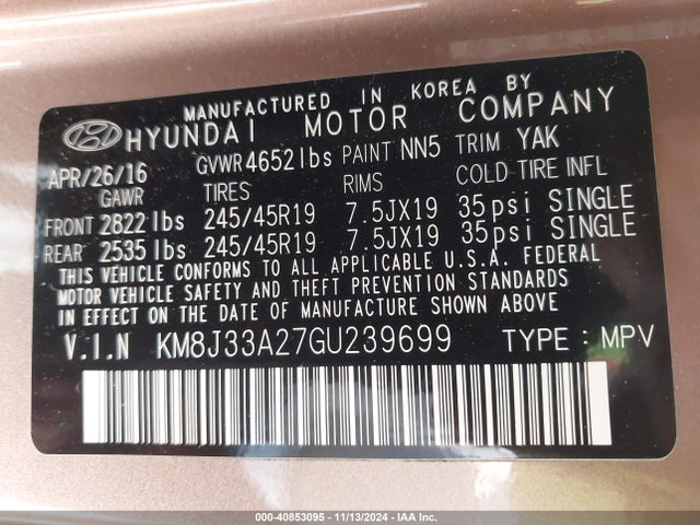 Hyundai Tucson Limited 2016 KM8J33A27GU239699 Image 9