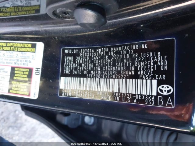 5YFBURHE9EP025221 Toyota Corolla L/le/le Pls/prm/s/s Pls