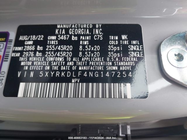 5XYRKDLF4NG147254 KIA SORENTO SX