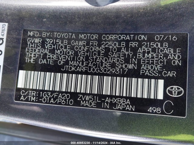 Toyota Prius Two Eco 2016 JTDKARFU0G3029317 Image 9