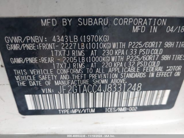 JF2GTACC4J8331248 Subaru Crosstrek 2.0i Premium