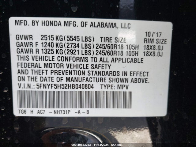 Honda Pilot Ex-l 2017 5FNYF5H52HB040804 Image 9