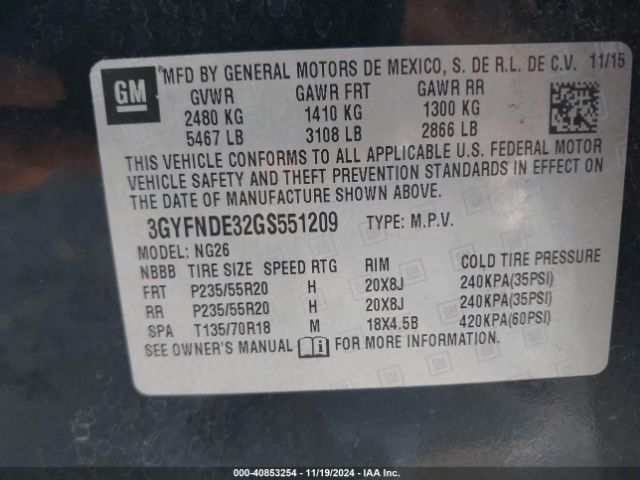 3GYFNDE32GS551209 Cadillac Srx Premium Collection