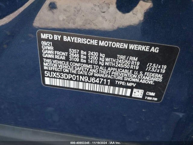 BMW X3 Xdrive30i 2022 5UX53DP01N9J64711 Image 9