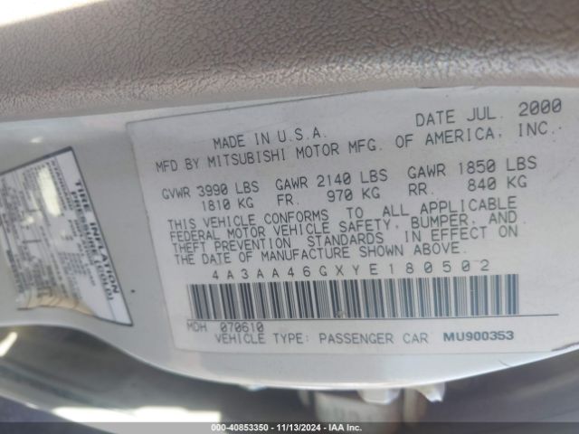 2000 MITSUBISHI GALANT 4A3AA46GXYE180502 Photo 8