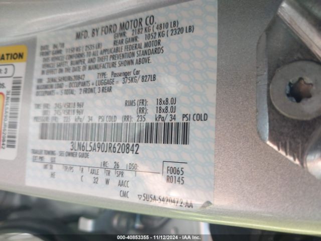 3LN6L5A90JR620842 Lincoln Mkz Premiere
