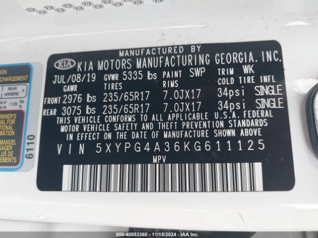 5XYPG4A36KG611125 KIA Sorento 2.4l L