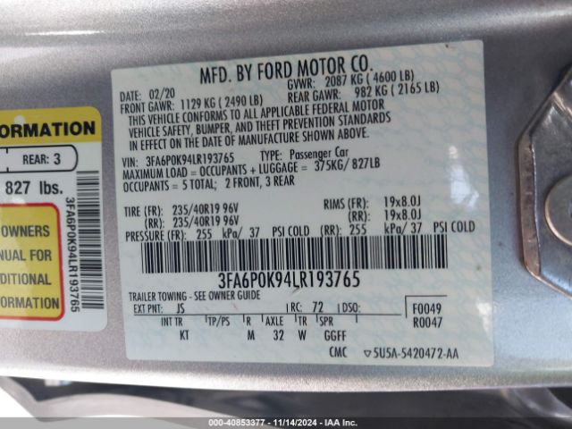 3FA6P0K94LR193765 Ford Fusion Titanium
