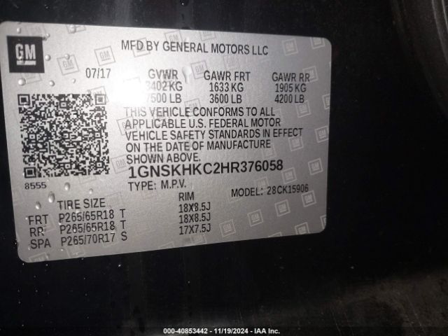 1GNSKHKC2HR376058 Chevrolet Suburban Lt