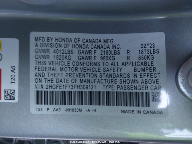 Honda Civic Ex /ex W/o Bsi 2023 2HGFE1F73PH309121 Image 9