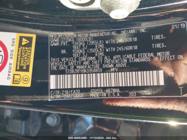 5TDBZRFH9KS958859 Toyota Highlander Le Plus