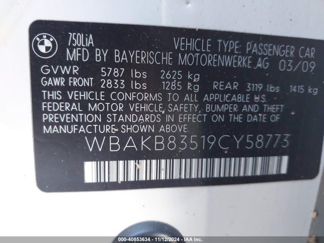 Продажа на аукционе авто 2009 Bmw 750li, vin: WBAKB83519CY58773, номер лота: 40853634