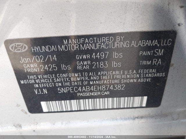 5NPEC4AB4EH874382 Hyundai Sonata Se 2.0t
