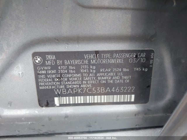 Aukcja sprzedaży 2011 Bmw 328i Xdrive, vin: WBAPK7C53BA463222, numer aukcji: 40853704