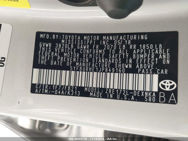 Toyota COROLLA LE 2018 5YFBURHE1JP849160 Image 9