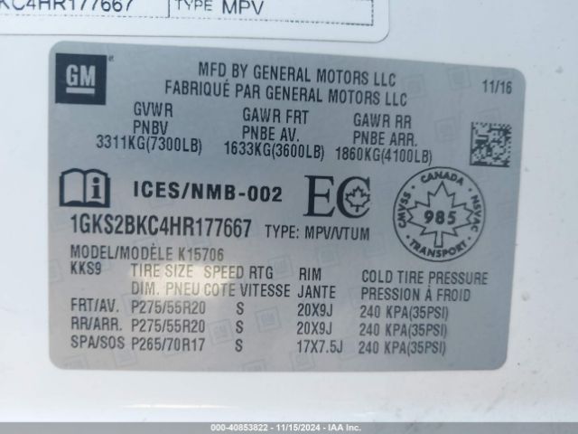 1GKS2BKC4HR177667 GMC YUKON SLT