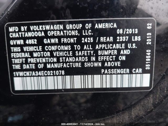 1VWCN7A34EC021078 Volkswagen Passat 2.0l Tdi Sel Premium