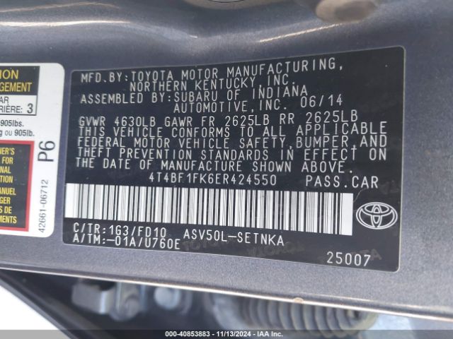 4T4BF1FK6ER424550 Toyota CAMRY LE