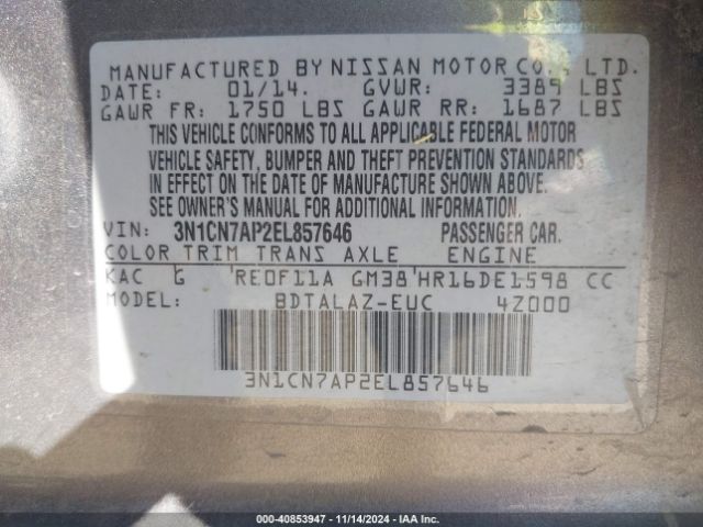 3N1CN7AP2EL857646 Nissan Versa 1.6 S+