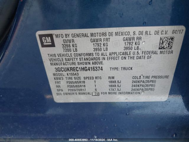 3GCUKREC1HG416374 Chevrolet Silverado 1500 1lt