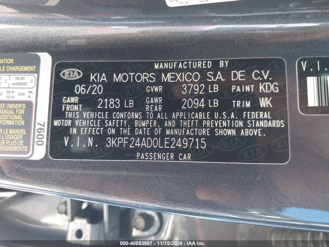 3KPF24AD0LE249715 KIA FORTE FE