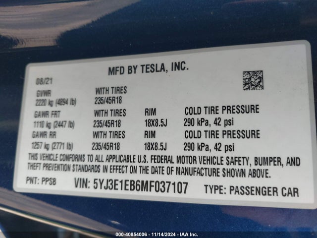 2021 TESLA MODEL 3 5YJ3E1EB6MF037107 Photo 8